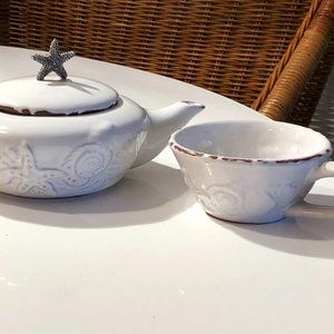 Mud Pie Tea Set for 1 -Vintage Starfish Knob & White Distressed Glaze Te…